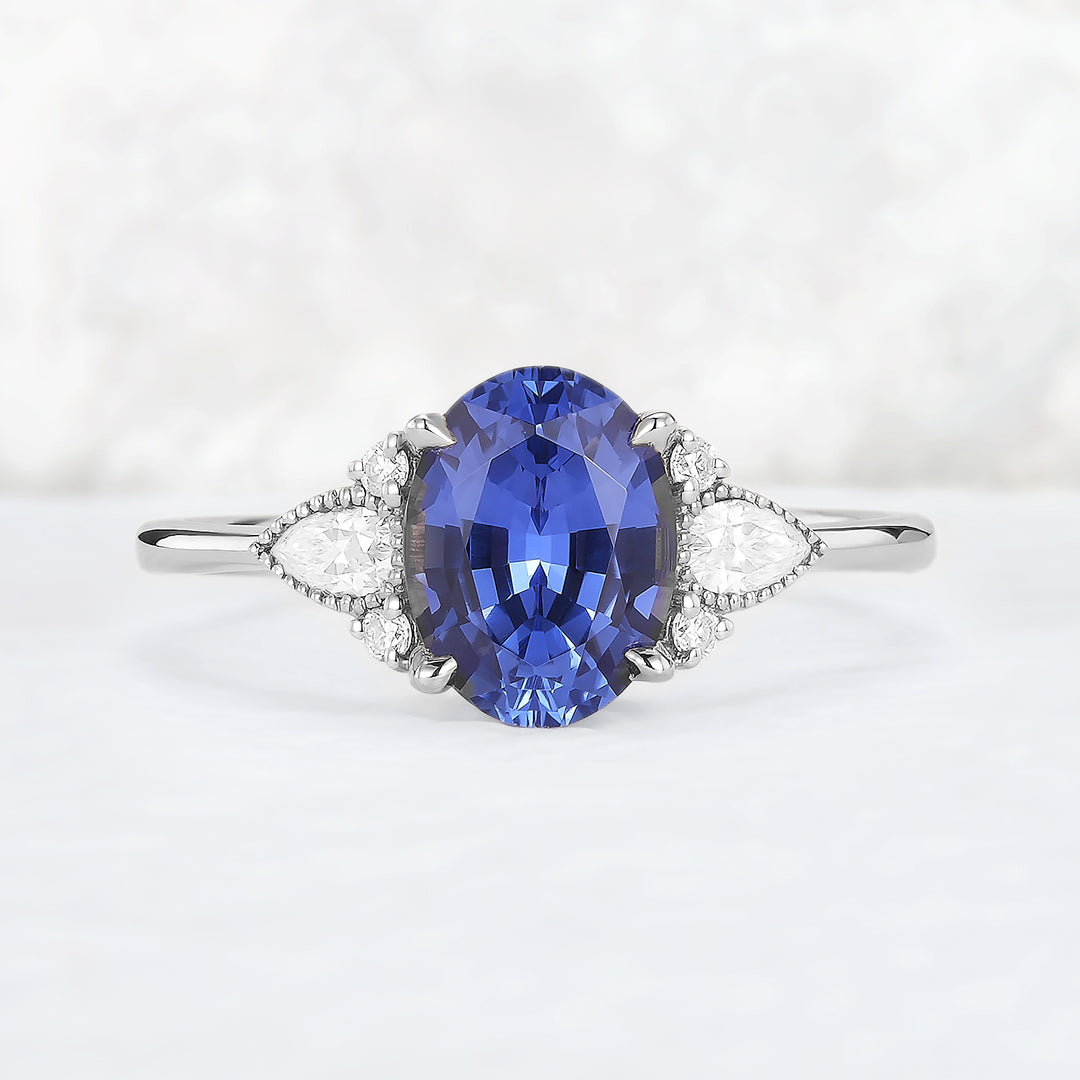 Cluster Oval Shaped Lab Cornflower Sapphire Gemstone Ring
