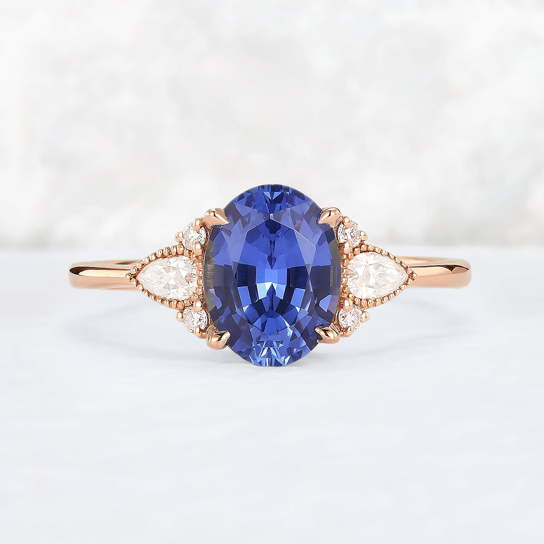 Cluster Oval Shaped Lab Cornflower Sapphire Gemstone Ring