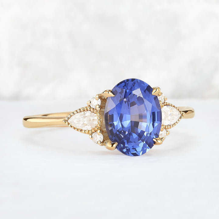 Cluster Oval Shaped Lab Cornflower Sapphire Gemstone Ring