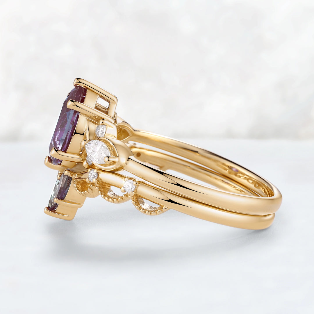 Cluster Pear Cut Alexandrite Gemstone Ring Set 2pcs