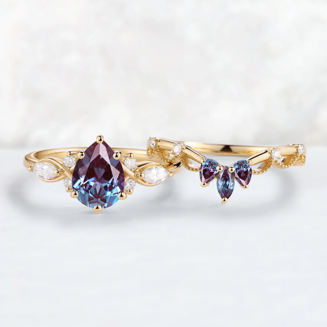 Cluster Pear Cut Alexandrite Gemstone Ring Set 2pcs