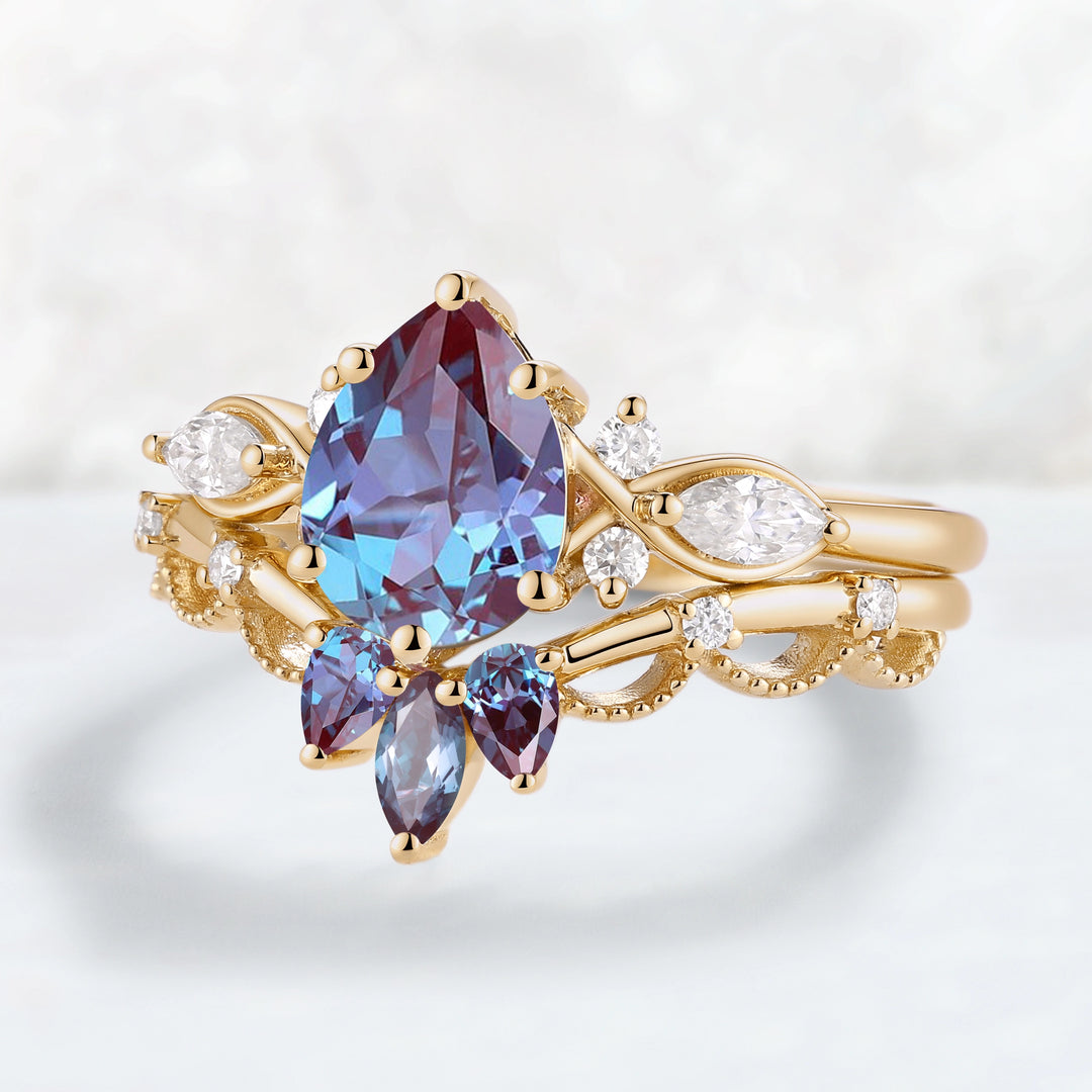 Cluster Pear Cut Alexandrite Gemstone Ring Set 2pcs