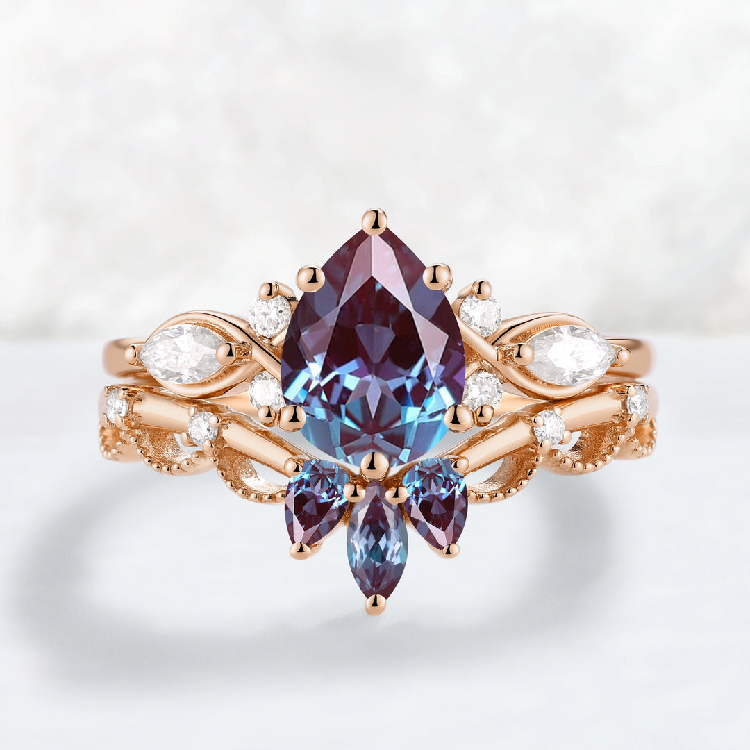 Cluster Pear Cut Alexandrite Gemstone Ring Set 2pcs