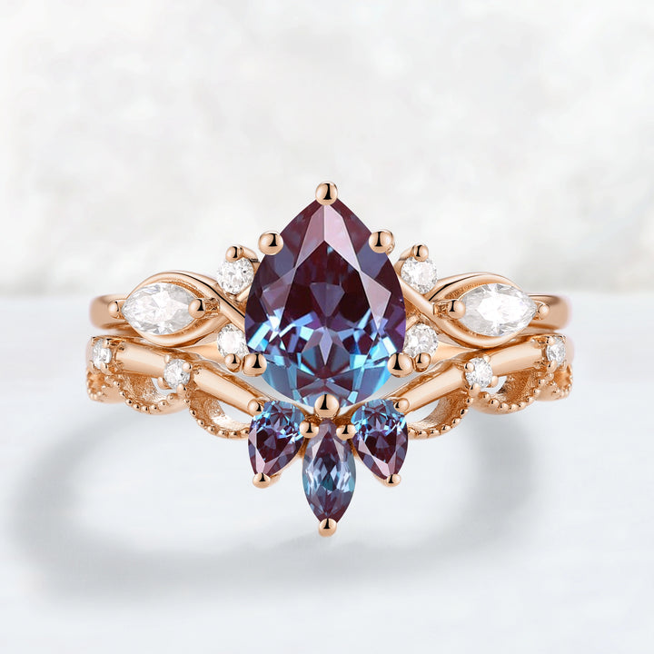 Cluster Pear Cut Alexandrite Gemstone Ring Set 2pcs
