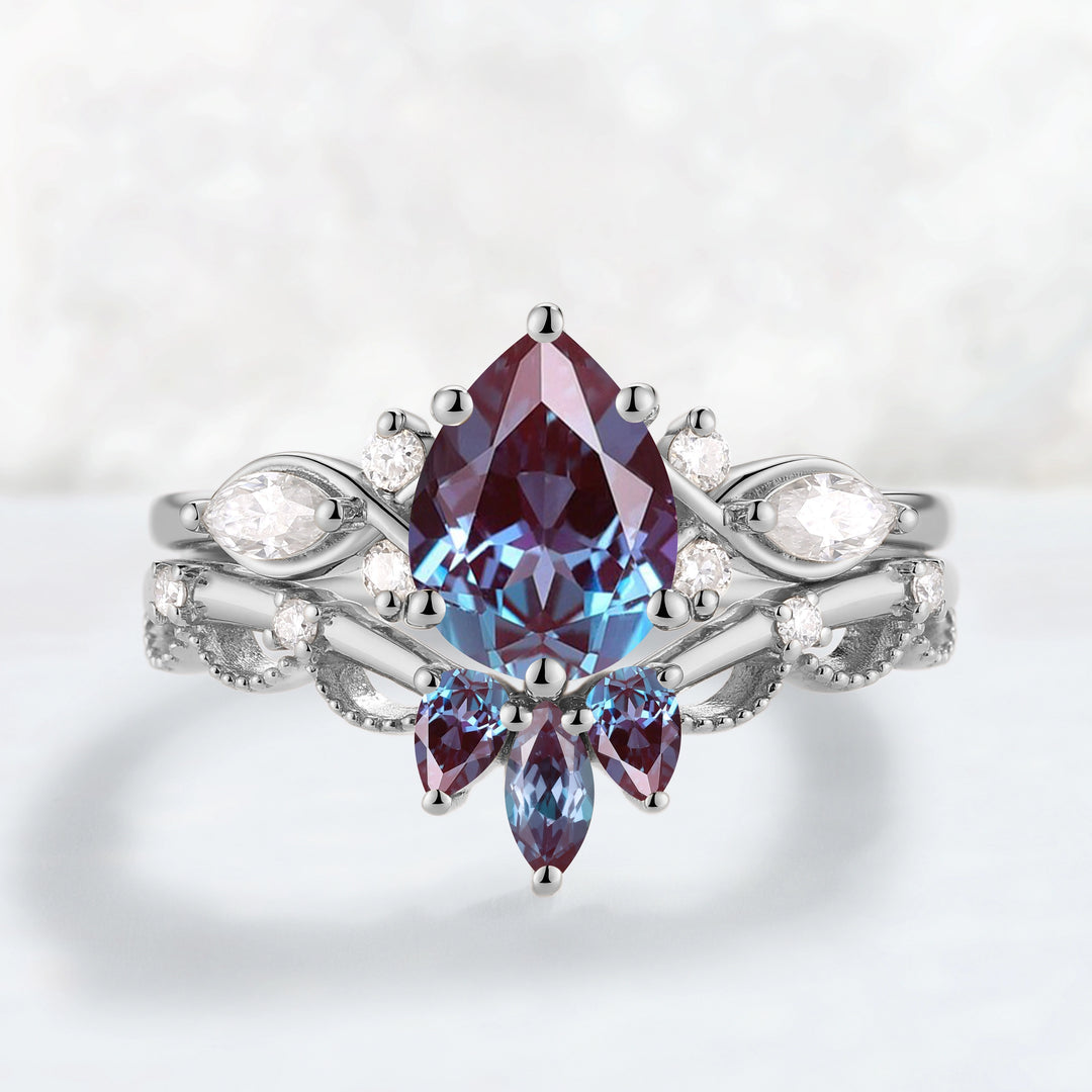 Cluster Pear Cut Alexandrite Gemstone Ring Set 2pcs