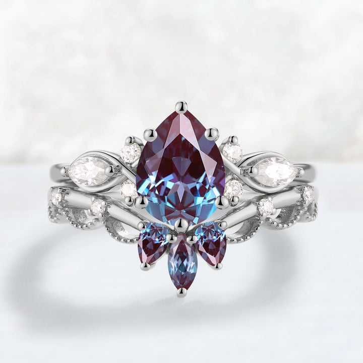 Cluster Pear Cut Alexandrite Gemstone Ring Set 2pcs