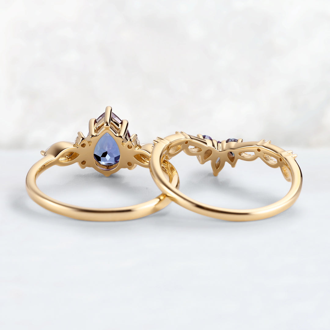 Cluster Pear Cut Alexandrite Gemstone Ring Set 2pcs