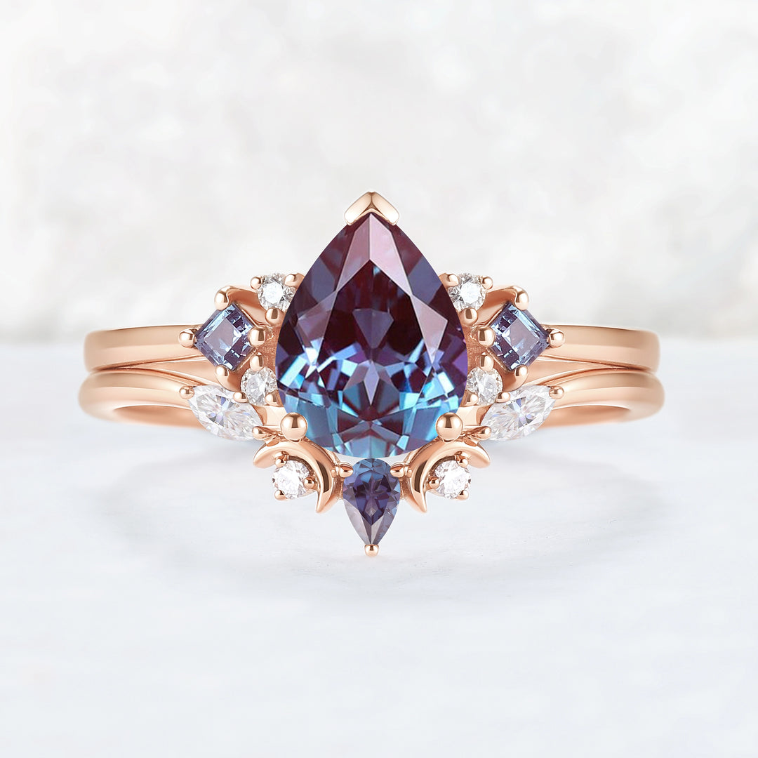 Cluster Pear Cut Alexandrite Moon Gemstone Ring Set 2pcs