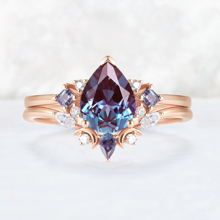 Cluster Pear Cut Alexandrite Moon Gemstone Ring Set 2pcs