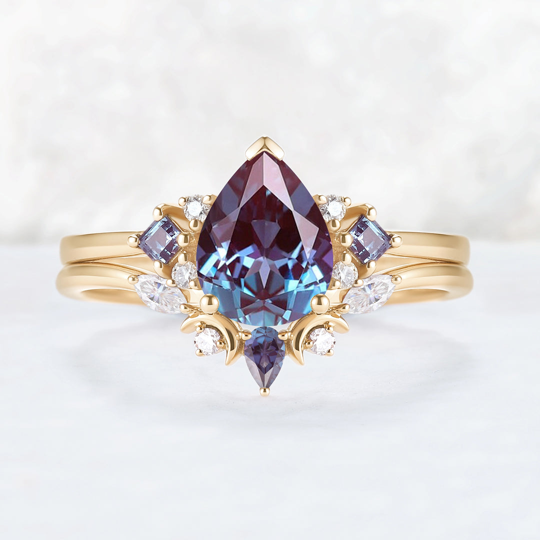Cluster Pear Cut Alexandrite Moon Gemstone Ring Set 2pcs