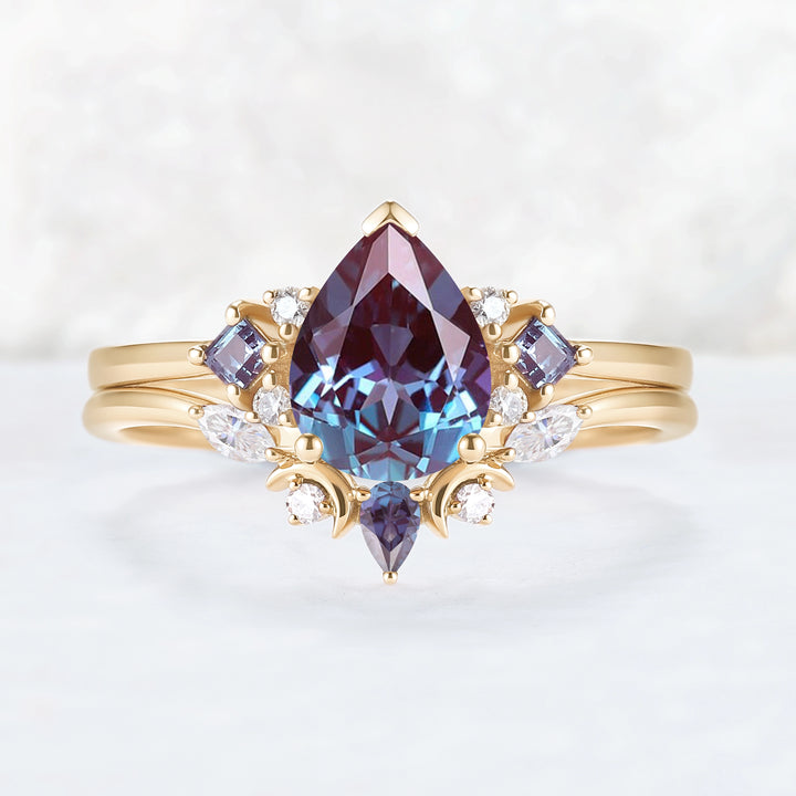 Cluster Pear Cut Alexandrite Moon Gemstone Ring Set 2pcs