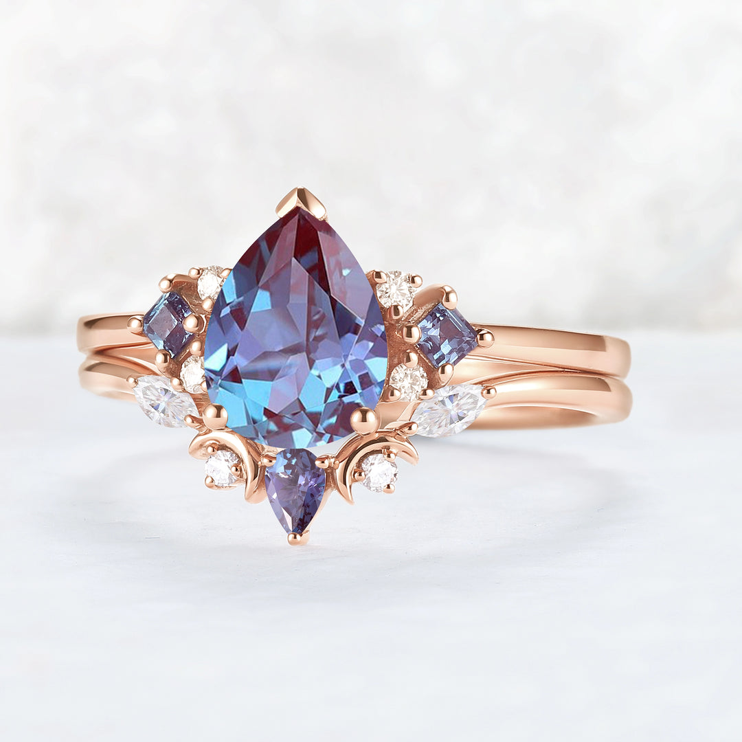 Cluster Pear Cut Alexandrite Moon Gemstone Ring Set 2pcs