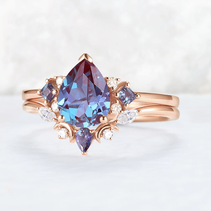 Cluster Pear Cut Alexandrite Moon Gemstone Ring Set 2pcs