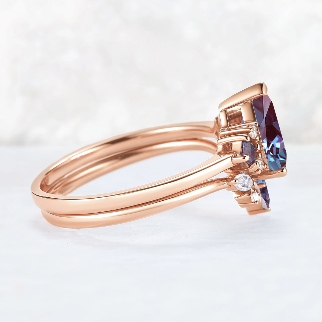 Cluster Pear Cut Alexandrite Moon Gemstone Ring Set 2pcs