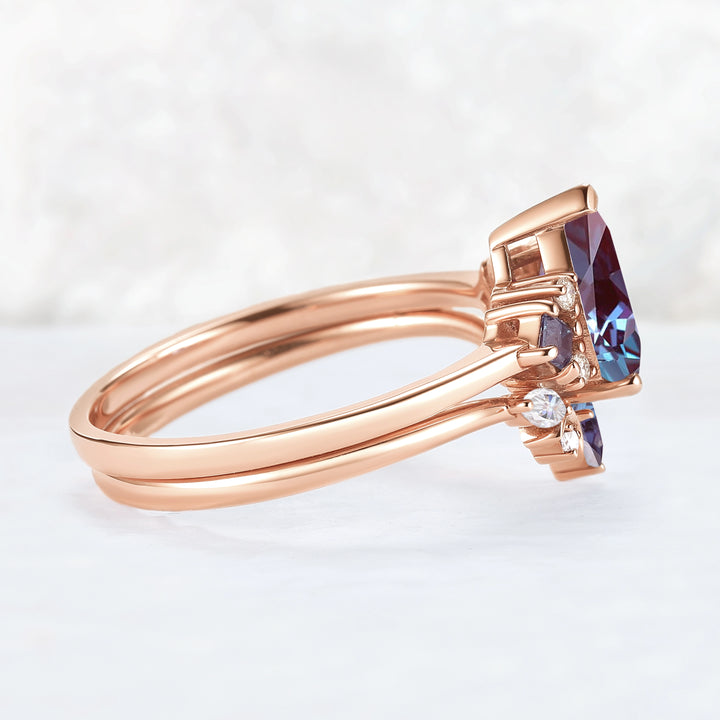Cluster Pear Cut Alexandrite Moon Gemstone Ring Set 2pcs