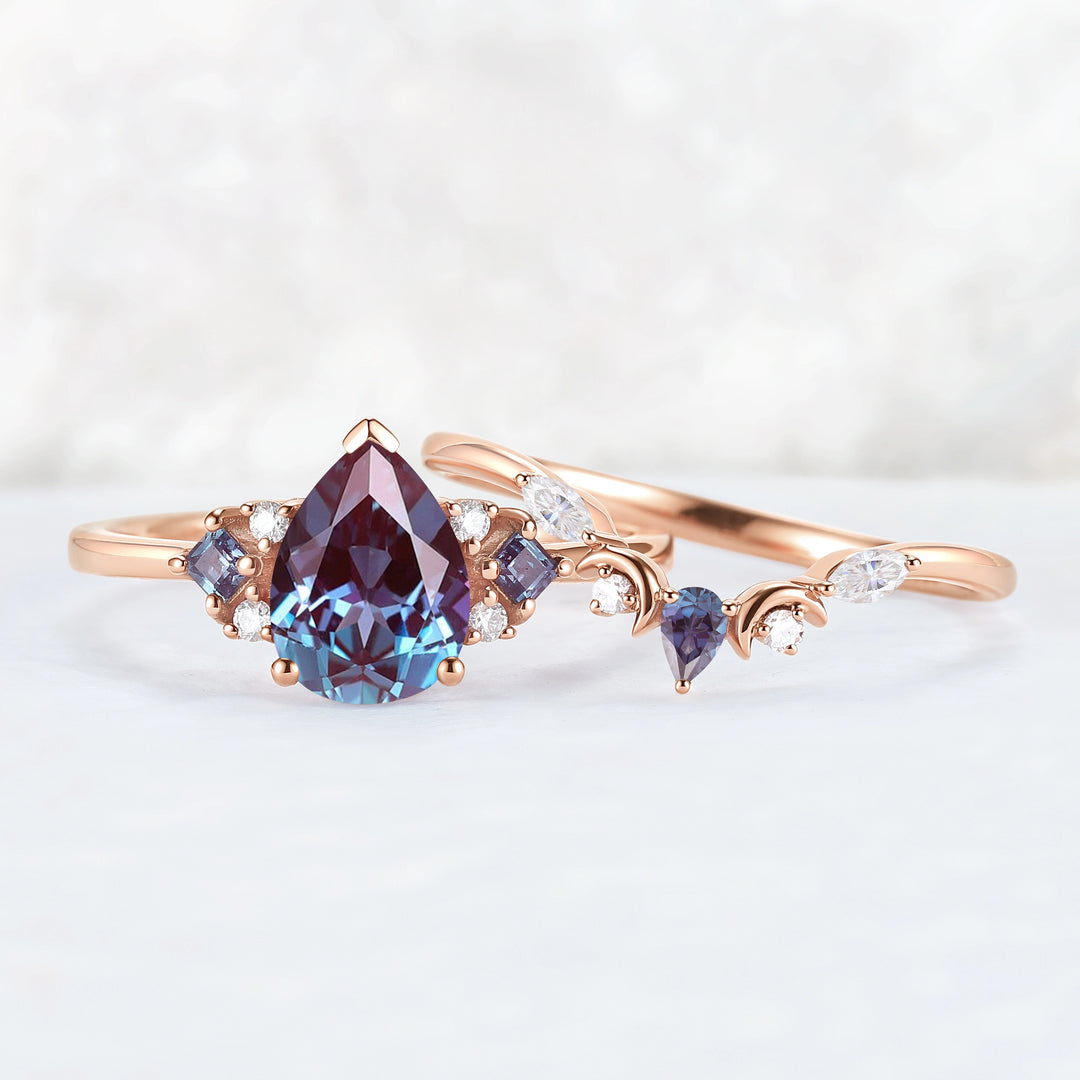 Cluster Pear Cut Alexandrite Moon Gemstone Ring Set 2pcs