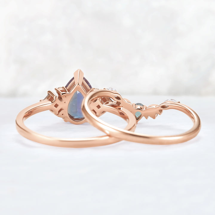 Cluster Pear Cut Alexandrite Moon Gemstone Ring Set 2pcs