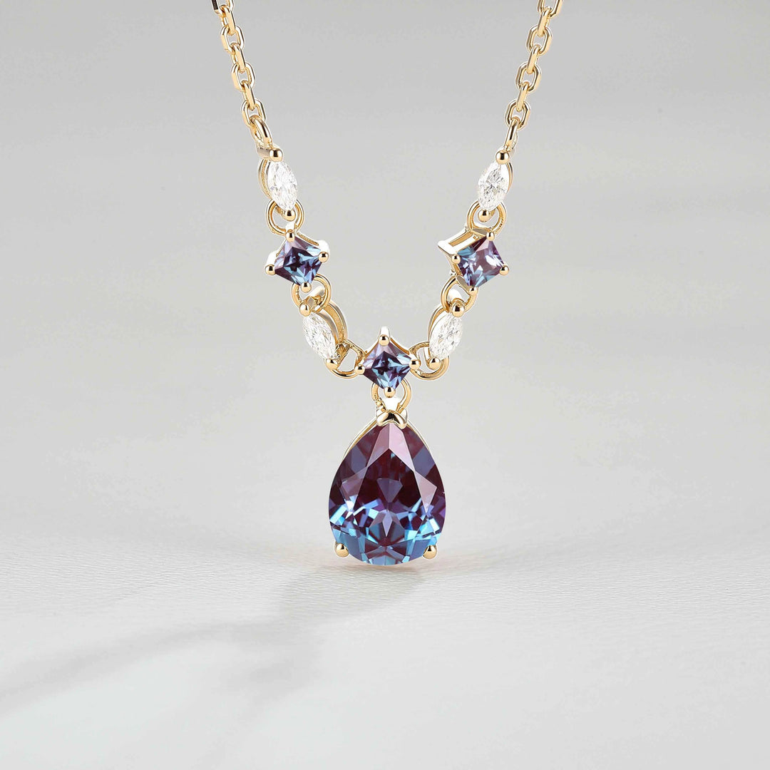 Cluster Pear Cut Alexandrite and Moissanite Necklace