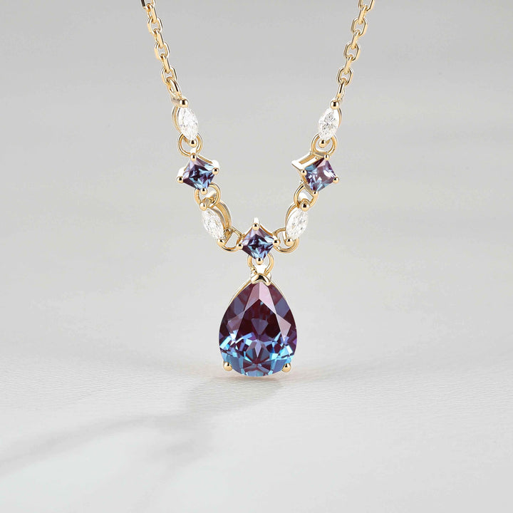 Cluster Pear Cut Alexandrite and Moissanite Necklace