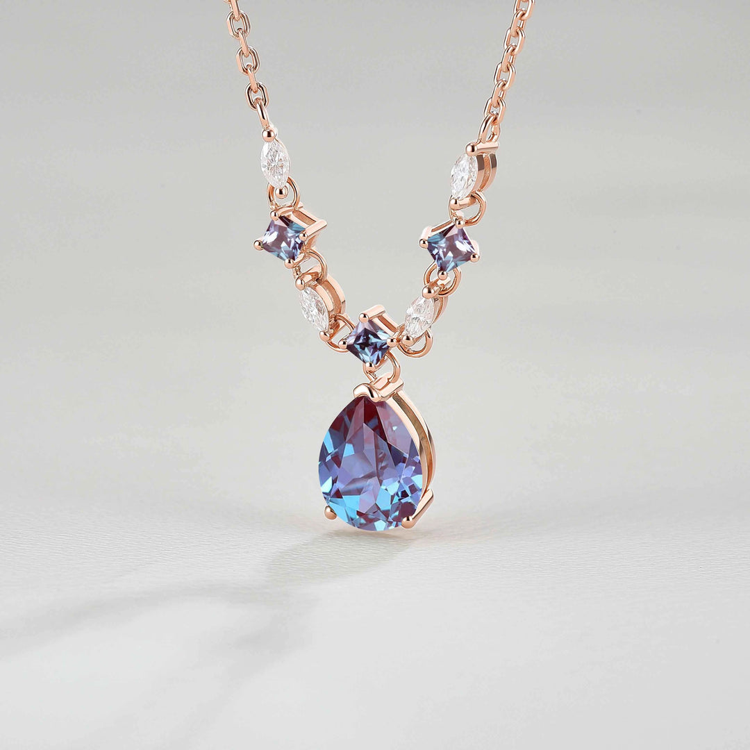 Cluster Pear Cut Alexandrite and Moissanite Necklace