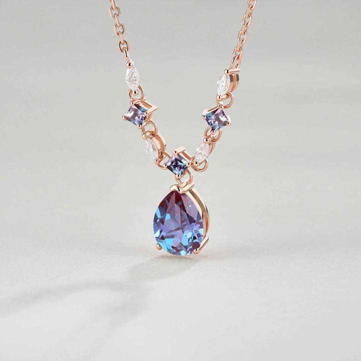 Cluster Pear Cut Alexandrite and Moissanite Necklace