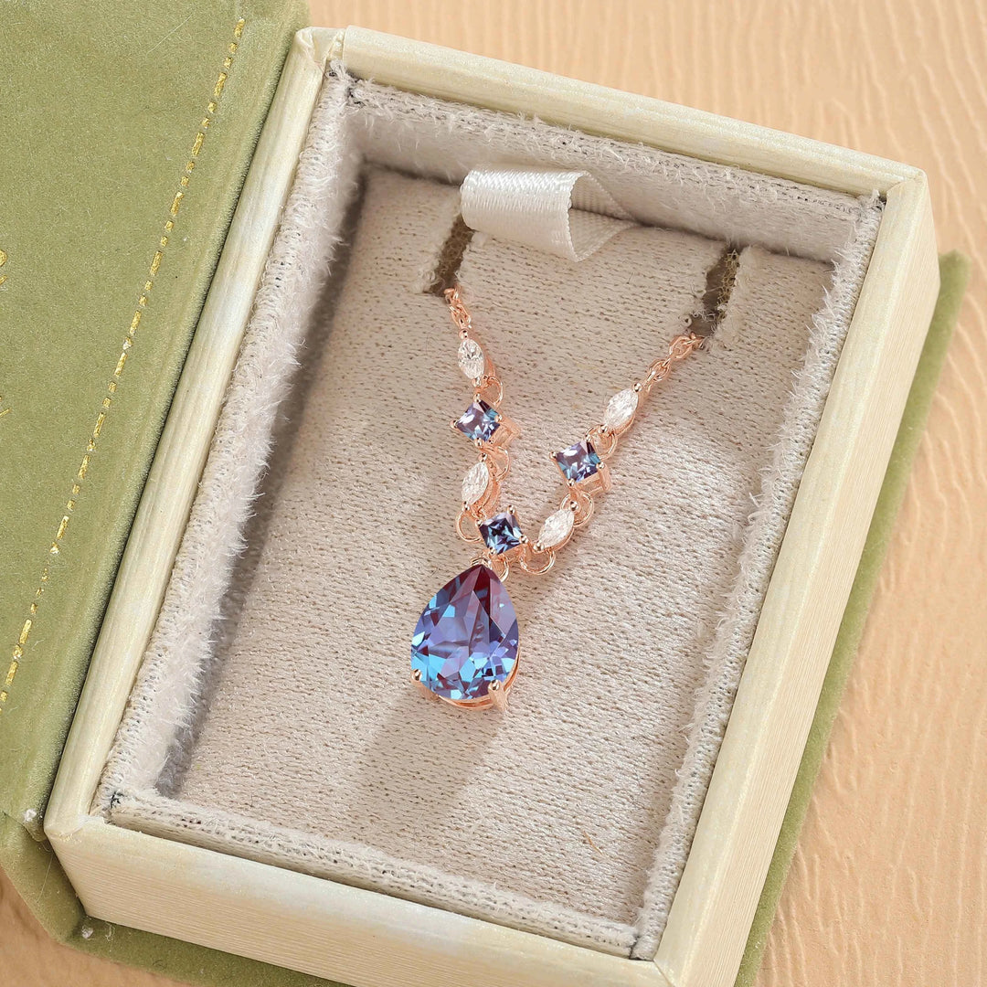 Cluster Pear Cut Alexandrite and Moissanite Necklace