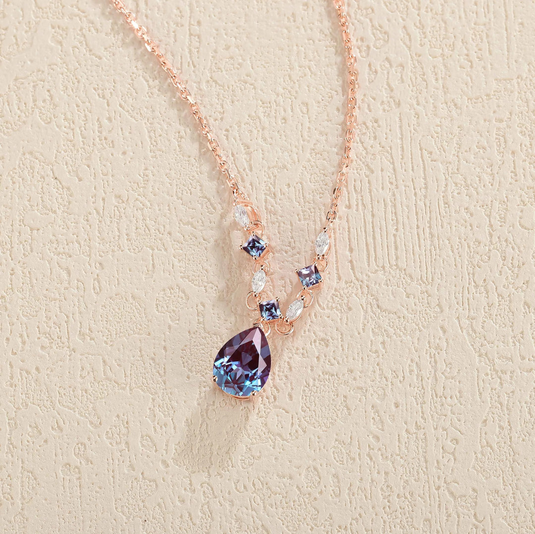 Cluster Pear Cut Alexandrite and Moissanite Necklace