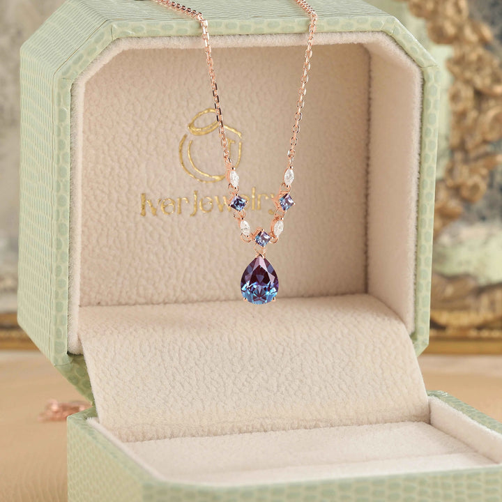 Cluster Pear Cut Alexandrite and Moissanite Necklace