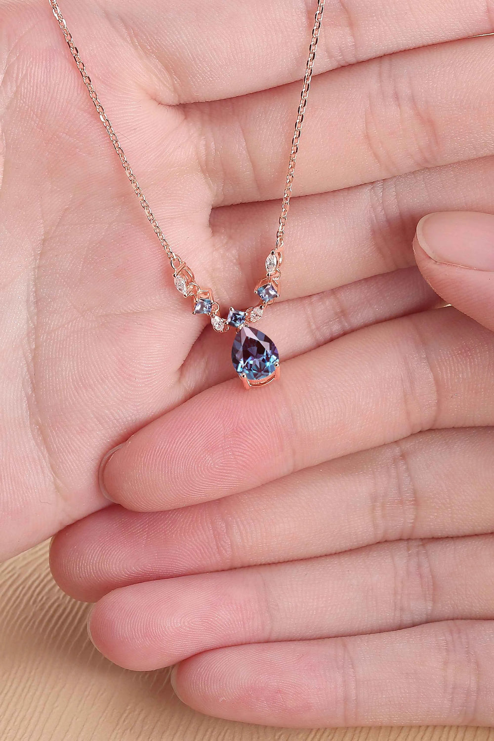 Cluster Pear Cut Alexandrite and Moissanite Necklace