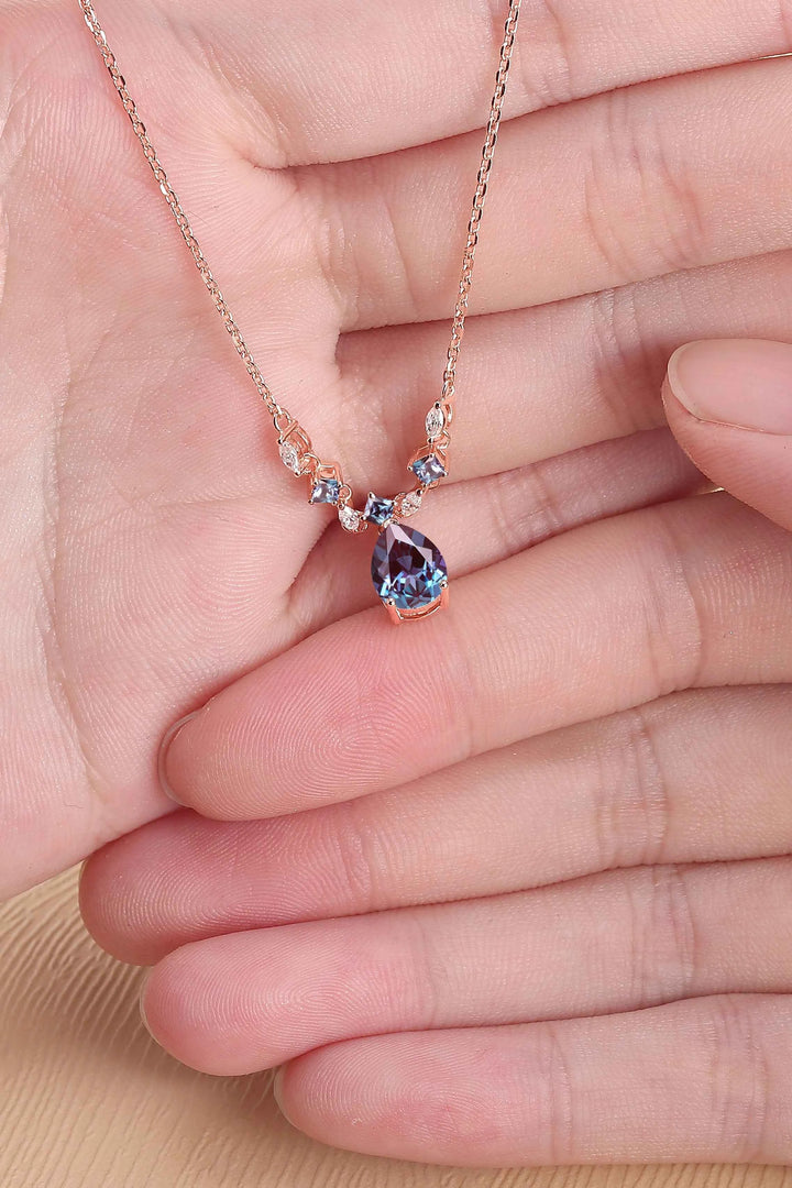 Cluster Pear Cut Alexandrite and Moissanite Necklace