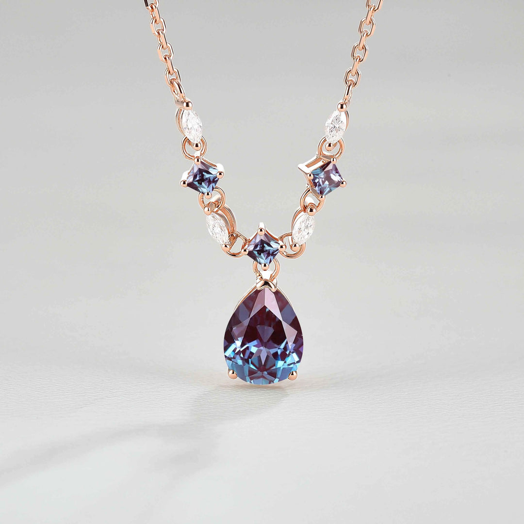 Cluster Pear Cut Alexandrite and Moissanite Necklace