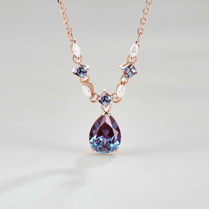 Cluster Pear Cut Alexandrite and Moissanite Necklace