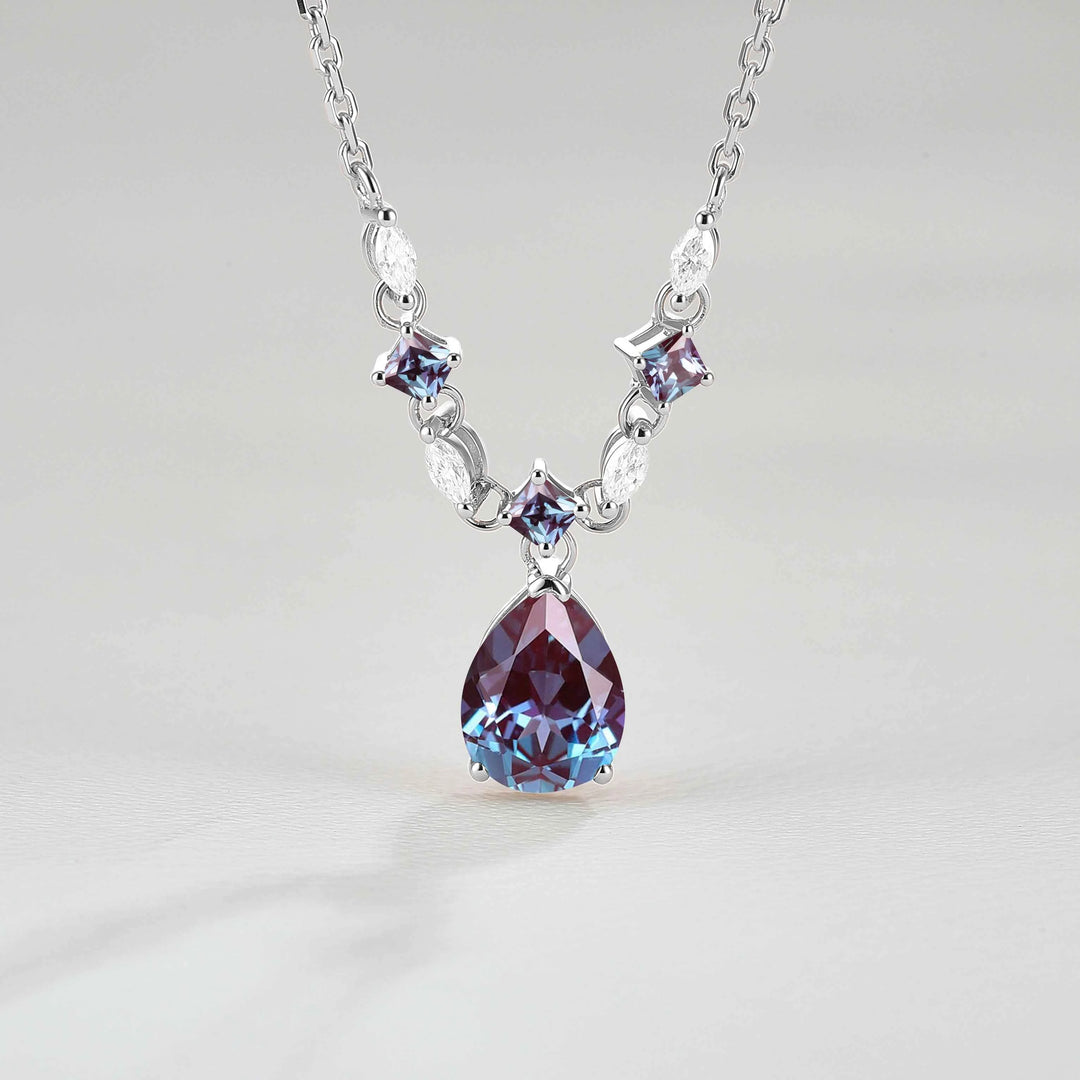 Cluster Pear Cut Alexandrite and Moissanite Necklace