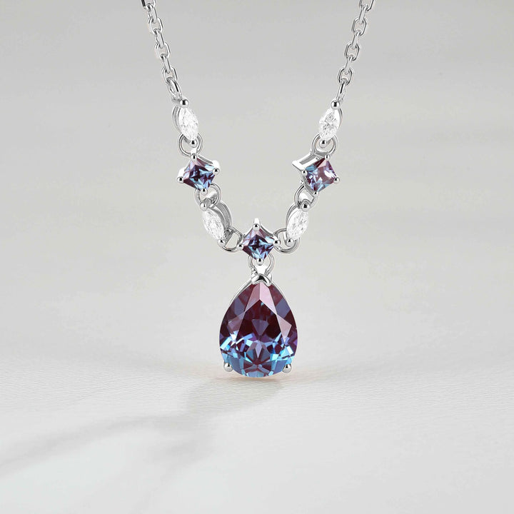 Cluster Pear Cut Alexandrite and Moissanite Necklace