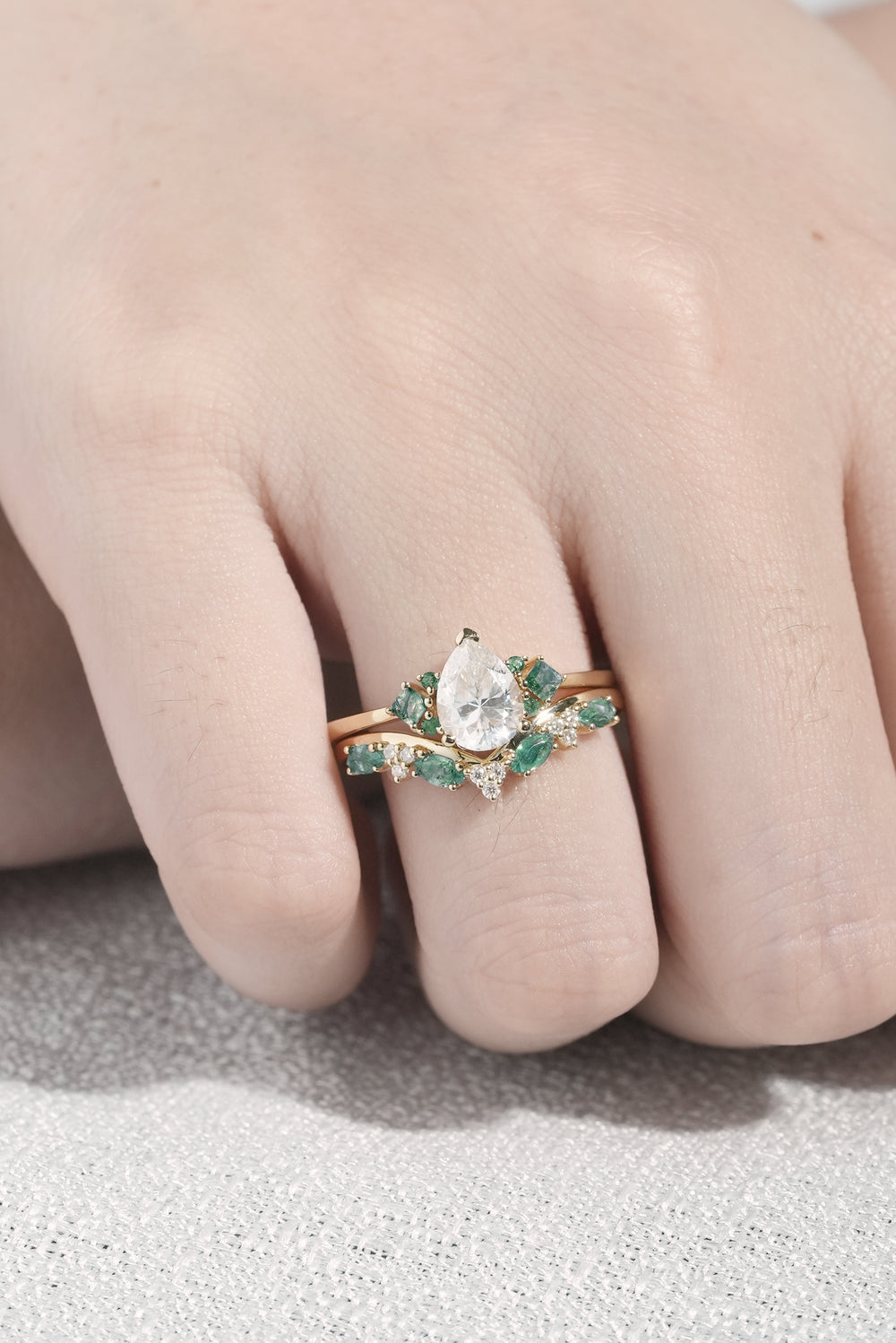 Cluster Pear Cut Moissanite Seven Stones Engagement Ring 2pcs-1