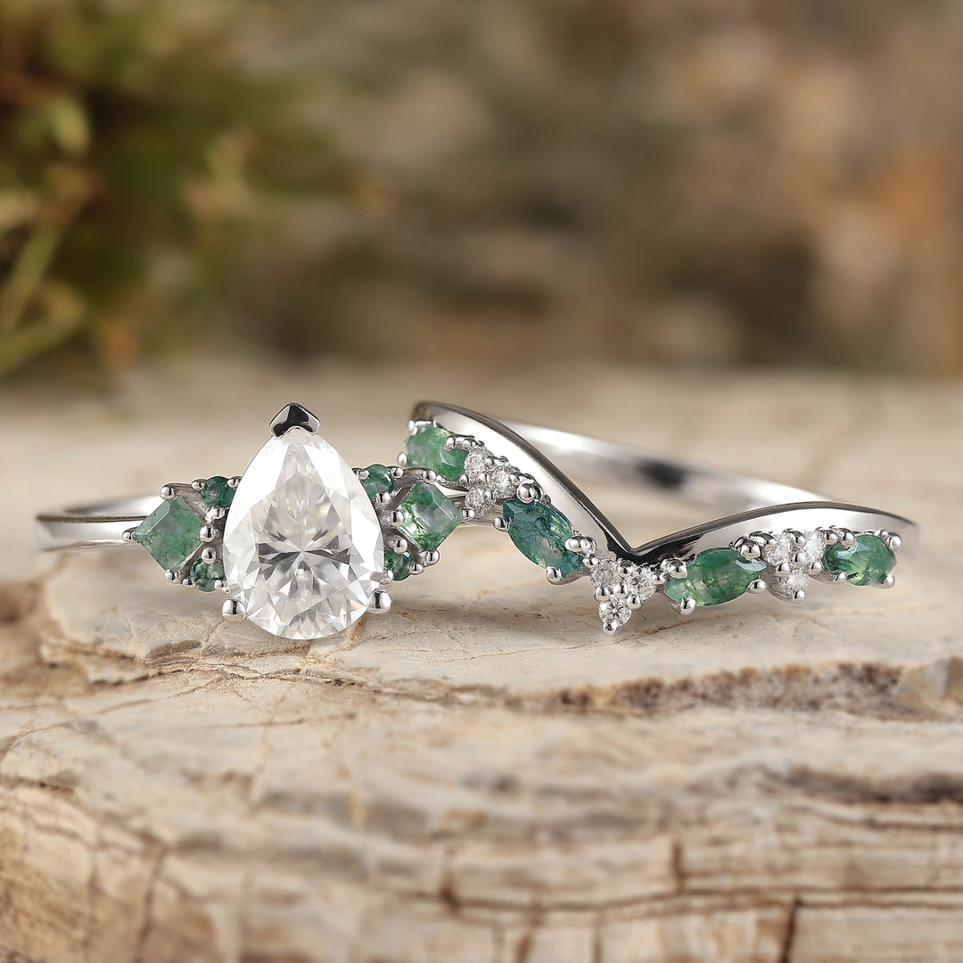 Cluster Pear Cut Moissanite Seven Stones Gemstone Ring 2pcs
