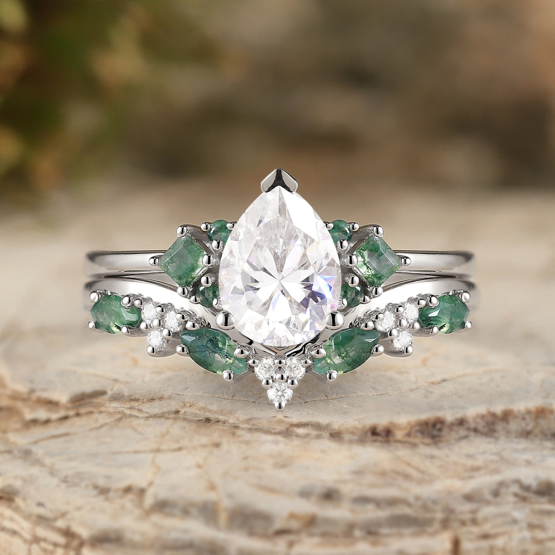 Cluster Pear Cut Moissanite Seven Stones Silver Ring Set 2pcs