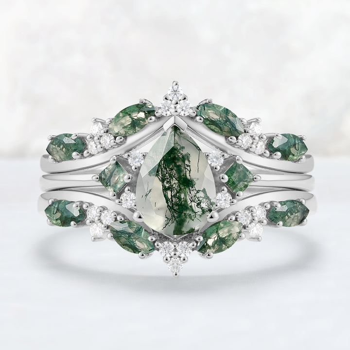 Cluster Pear Cut Moss Agate Seven Stones Ring Set 2pcs