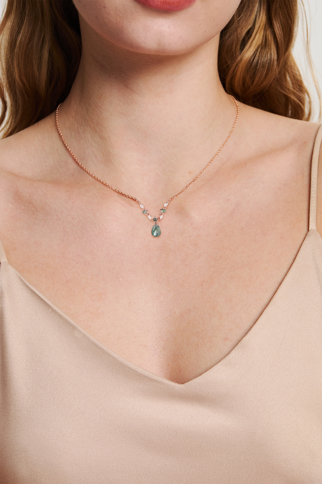 Cluster Pear Cut Moss Agate  and Moissanite Necklace