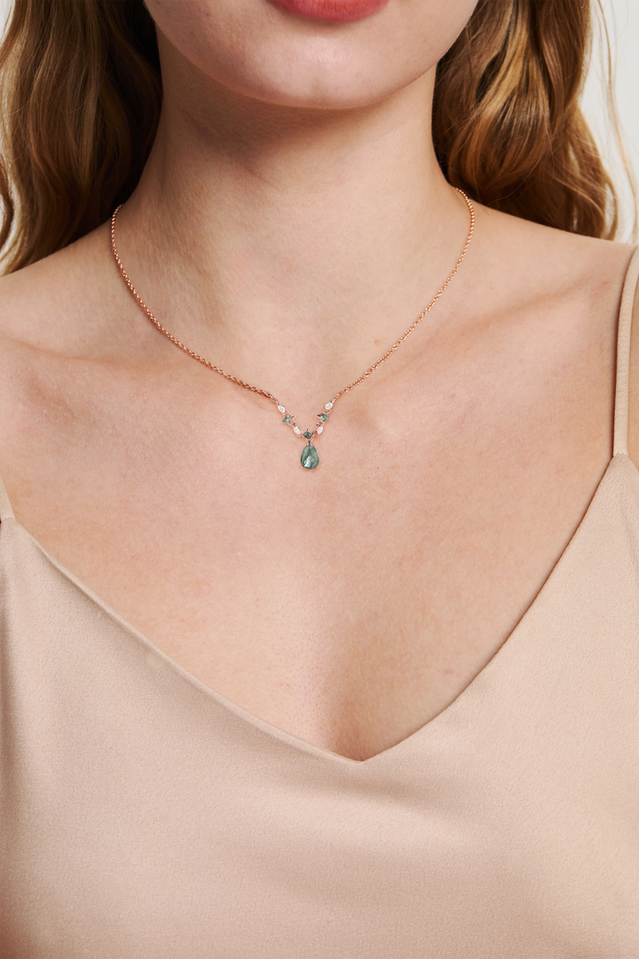 Cluster Pear Cut Moss Agate  and Moissanite Necklace