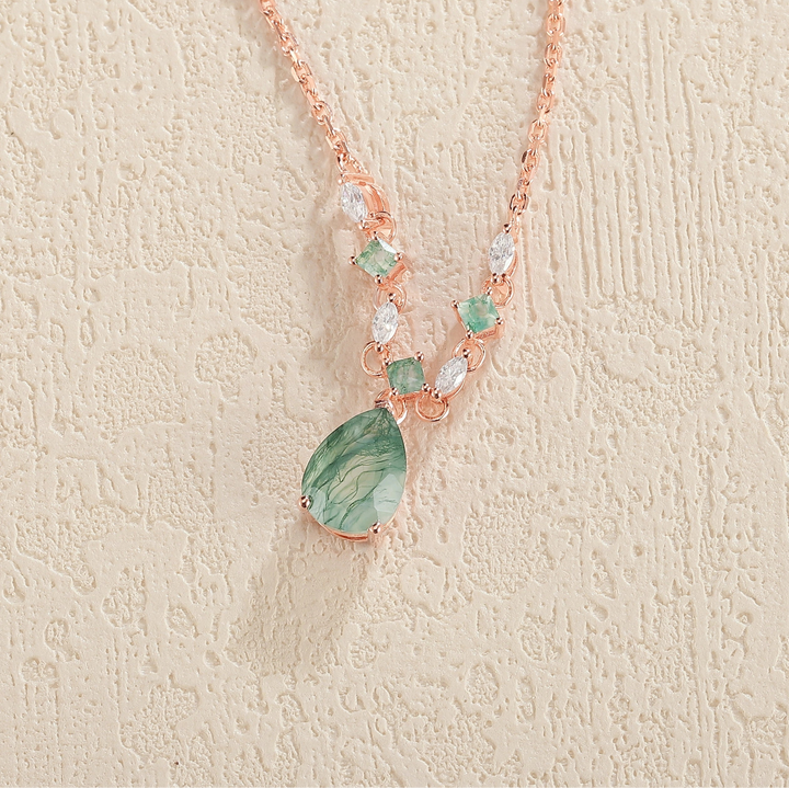 Cluster Pear Cut Moss Agate  and Moissanite Necklace - Iver Jewelry