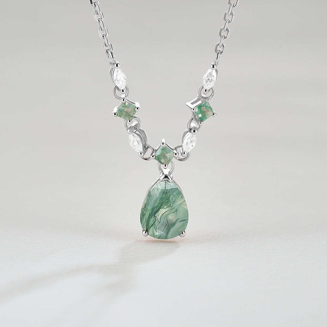Cluster Pear Cut Moss Agate  and Moissanite Necklace