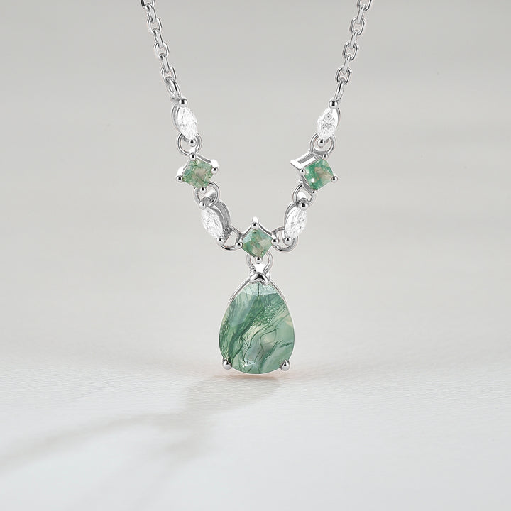 Cluster Pear Cut Moss Agate  and Moissanite Necklace