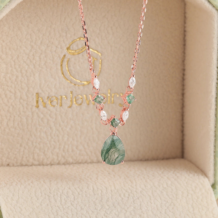 Cluster Pear Cut Moss Agate  and Moissanite Necklace - Iver Jewelry