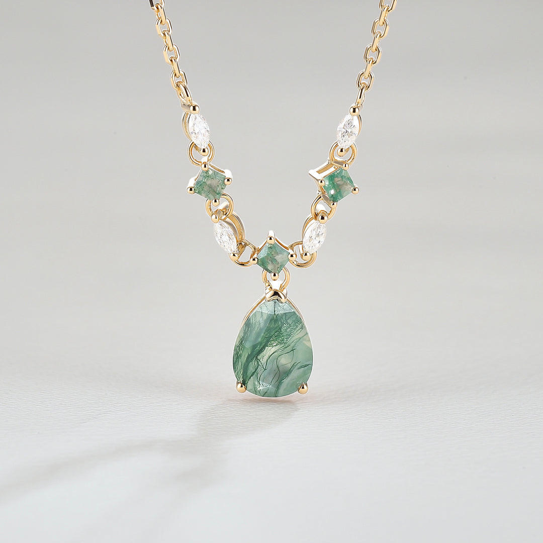 Cluster Pear Cut Moss Agate  and Moissanite Necklace