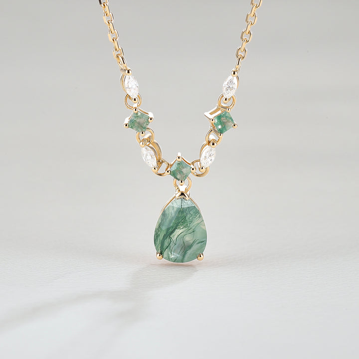 Cluster Pear Cut Moss Agate  and Moissanite Necklace