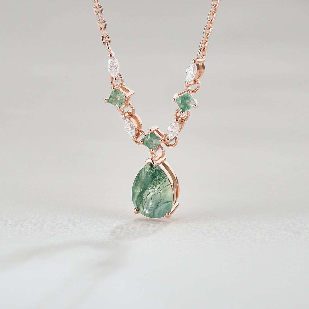 Cluster Pear Cut Moss Agate  and Moissanite Necklace