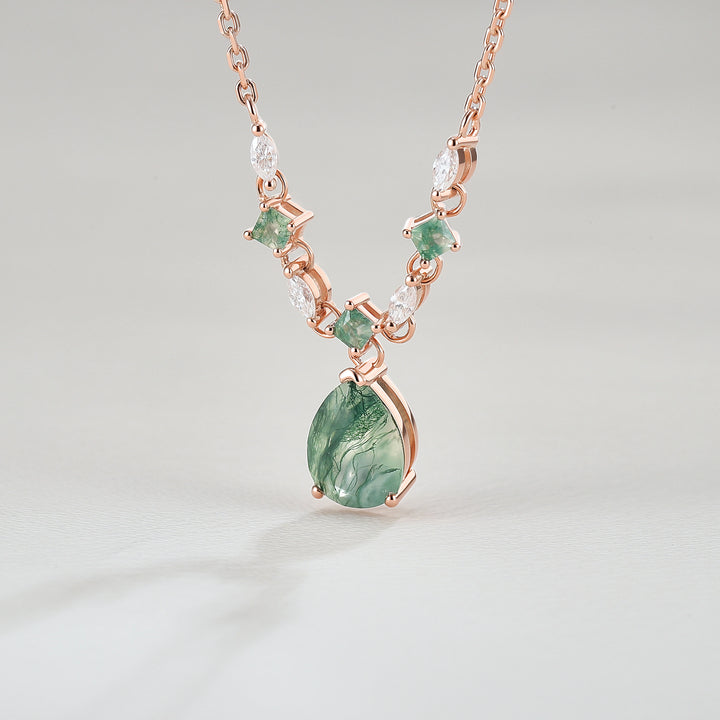 Cluster Pear Cut Moss Agate  and Moissanite Necklace