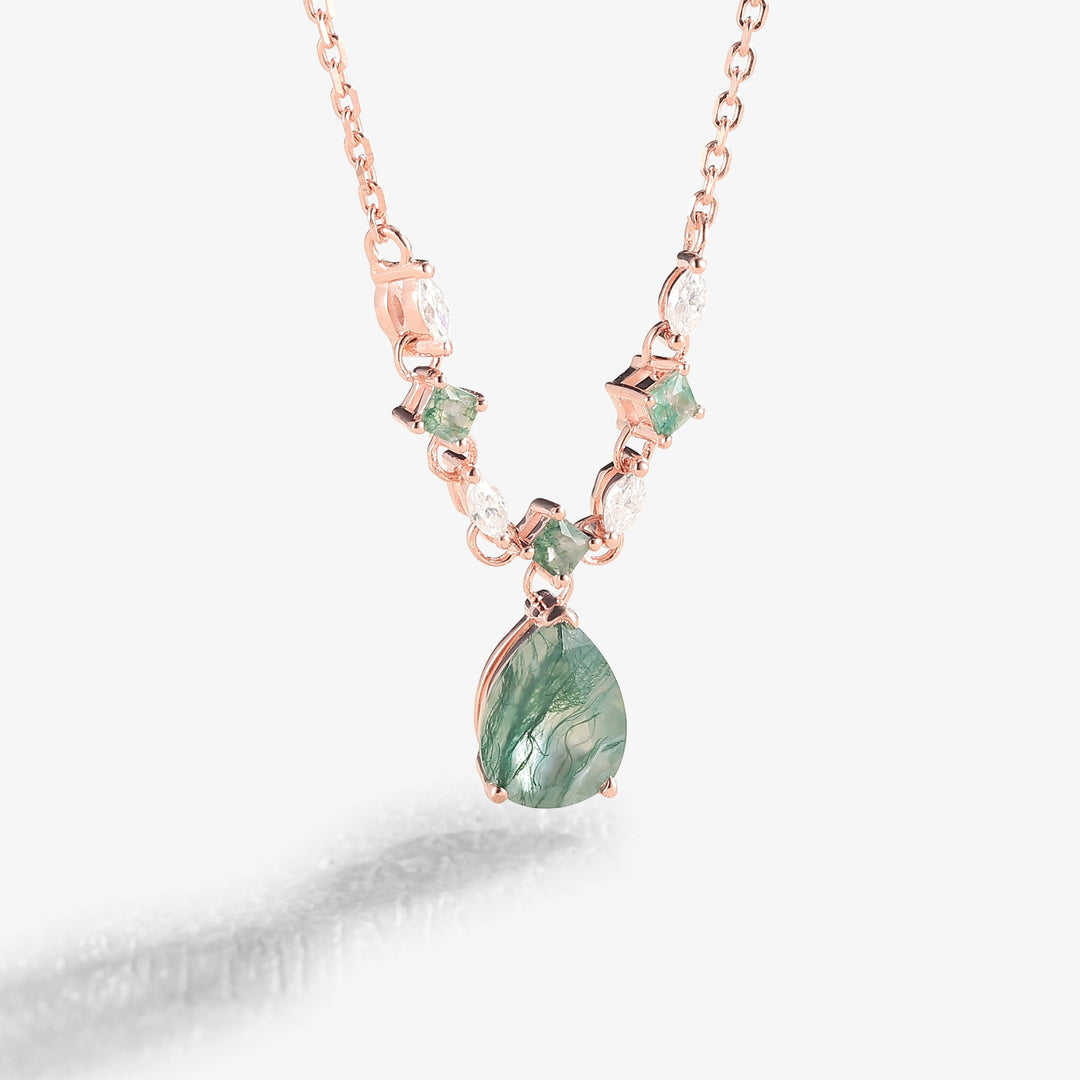 Cluster Pear Cut Moss Agate  and Moissanite Necklace - Iver Jewelry