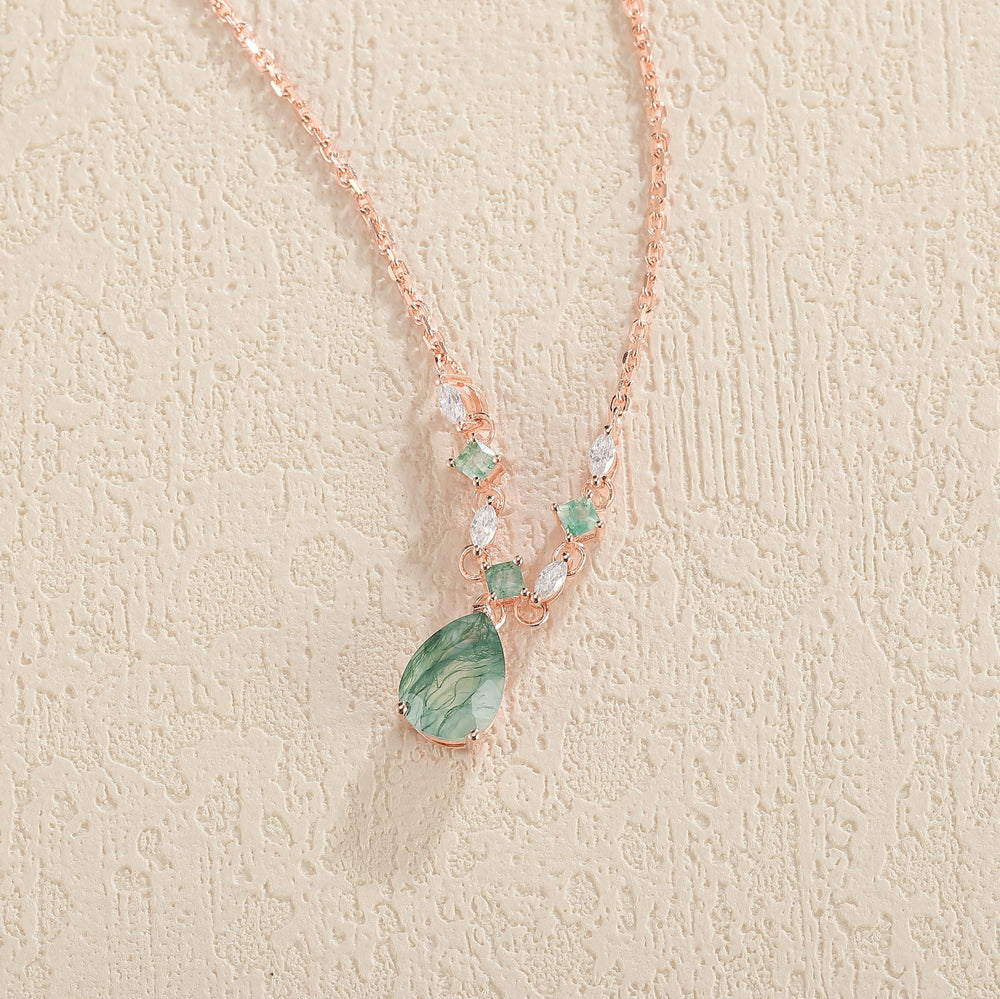 Cluster Pear Cut Moss Agate  and Moissanite Necklace